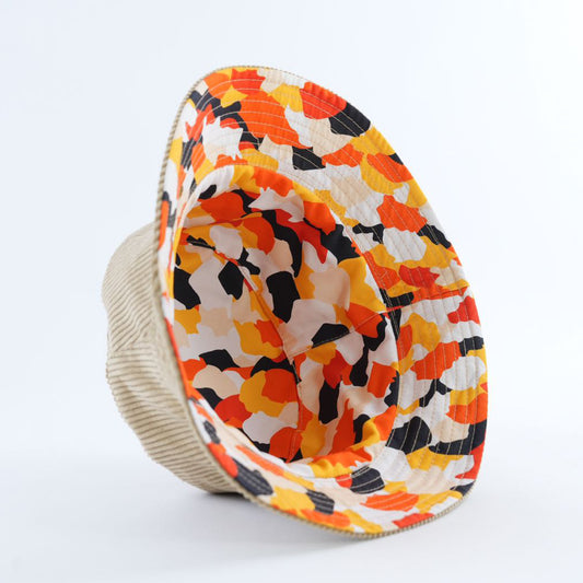 bucket hat with bold orange, red, black, cream and whi8te koi fish pattern