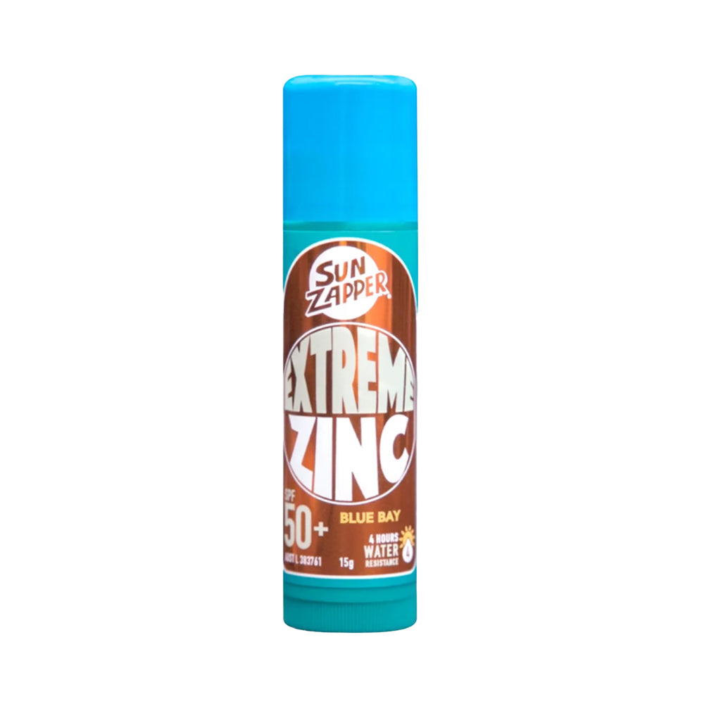 Sun Zapper Extreme Zinc sunscreen stick with blue cap on a white background