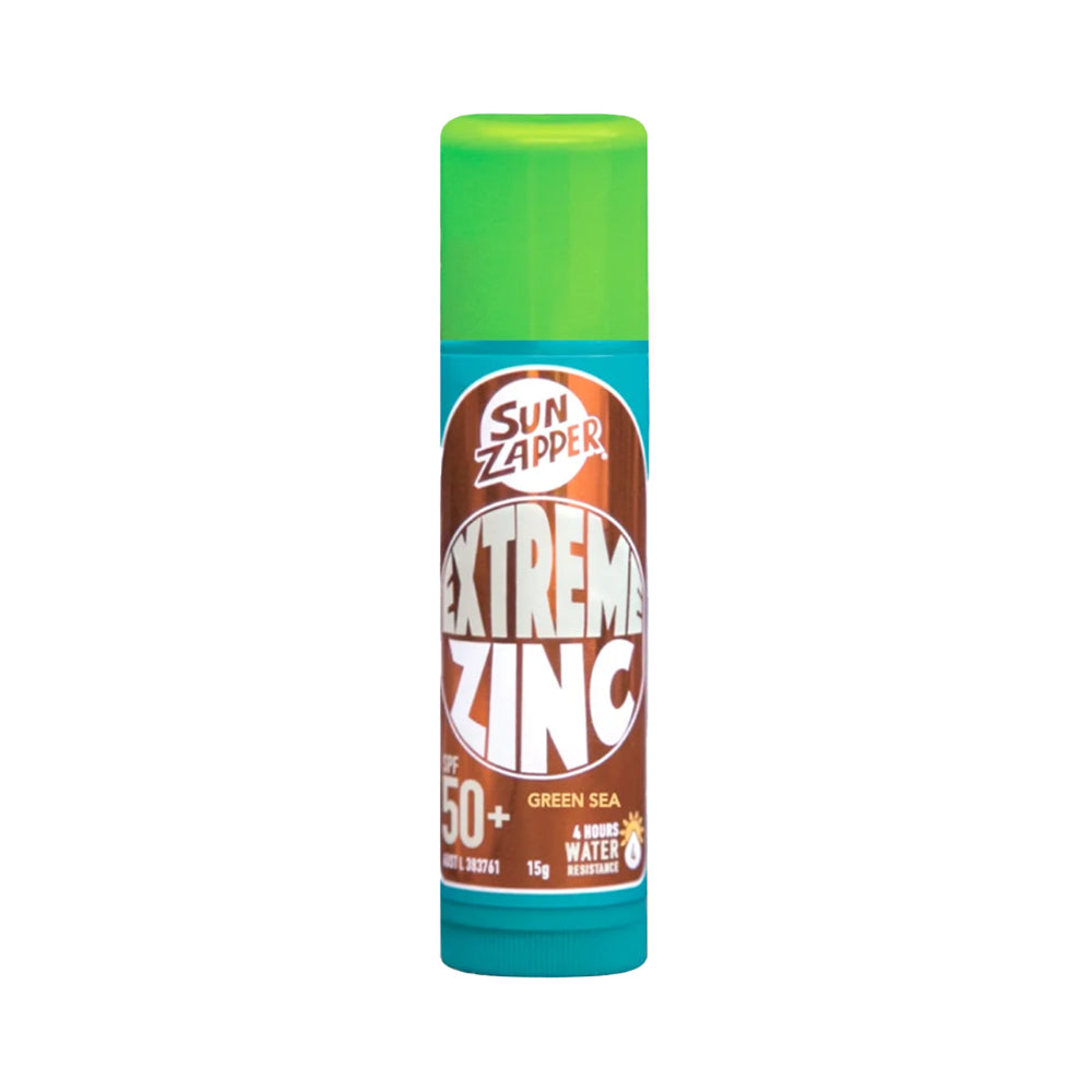 Extreme Zinc Sun Zapper sunscreen stick with green cap on a white background