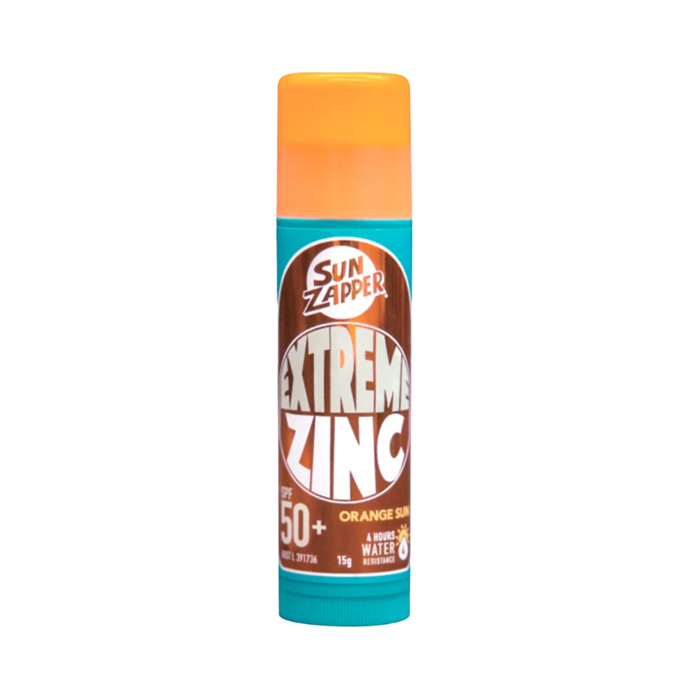 Sun Zapper Extreme Zinc sunscreen stick with orange cap on a white background