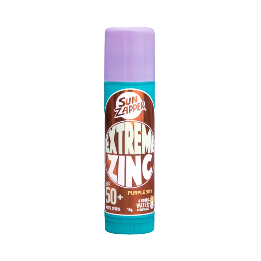 Sun Zapper Extreme Zinc sunscreen stick with purple cap on a white background