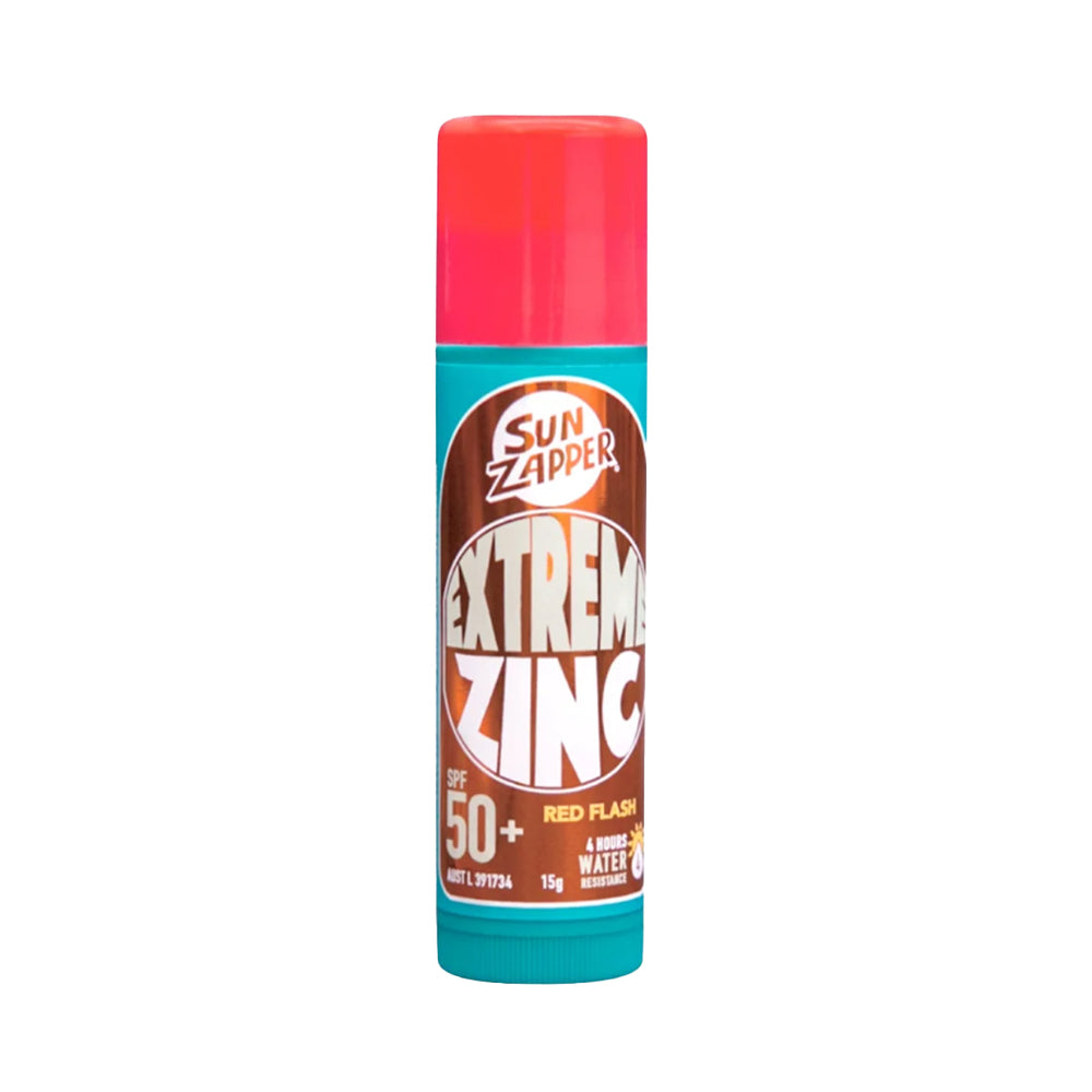 Sun Zapper Extreme Zing SPF 50+ sunscreen stick with red cap on a white background