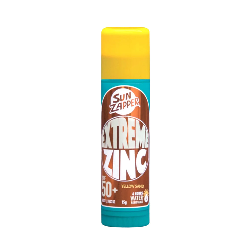 Sun Zapper Extreme Zinc sunscreen stick with yellow cap on a white background