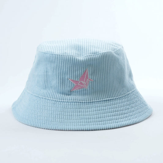 Reversible Bucket Hat – Pastel Embroidered Corduroy & Pastel Crane pattern
